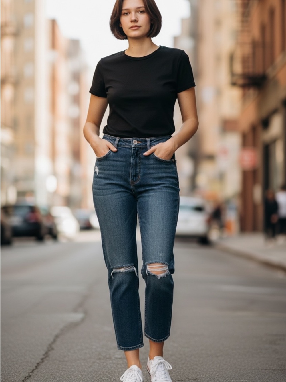 The Sculpt Straight Cropped High Jeans with Knee Rips